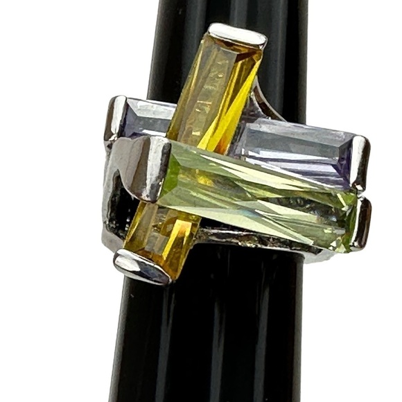 Costume Jewelry Yellow Green Lavender Rhinestones Abstract Silver Tone R… - Picture 1 of 11
